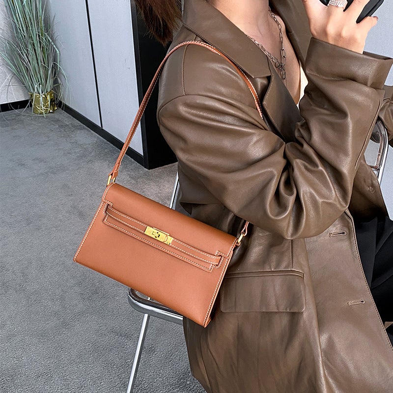Textured Messenger Bag Genuine Leather Vintage Kelly Bag For Women High-Grade Versatile Underarm Bag Commuter Messenger Bag - Image 5