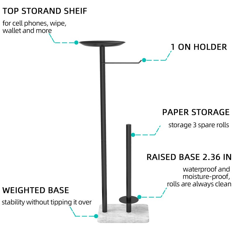 FEILERN FEILERN Toilet Paper Holder Stand for Bathroom Floor Standing Toilet Roll Dispenser Storages 4 Reserve Rolls  with Top Storage Shelf for Cell Phones  Wipe  Wallet and More(Marble Black)  - Image 2