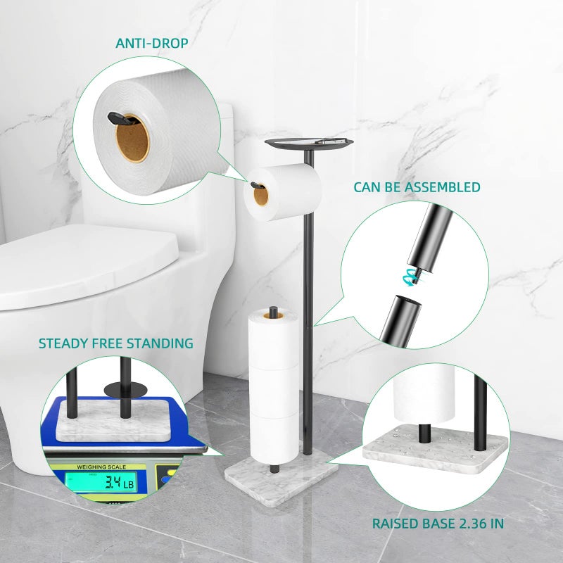 FEILERN FEILERN Toilet Paper Holder Stand for Bathroom Floor Standing Toilet Roll Dispenser Storages 4 Reserve Rolls  with Top Storage Shelf for Cell Phones  Wipe  Wallet and More(Marble Black)  - Image 3