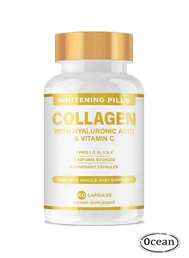 أوشن كولاجين مع حمض الهيالورونيك وفيتامين C كبسولة، كبسولة تبيض الجلد، 4 مصادر طبيعية، أظافر جلد الشعر والدعم المشترك للنساء، 60 كبسولة مكمل غذائي - Image 1