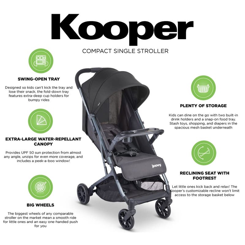 Joovy Kooper Lightweight Baby Stroller Featuring Removable SwingOpen Tray Big Wheels Reclining Seat with Footrest ExtraLarge Retractable Canopy and Compact Fold Forged Iron - Image 5