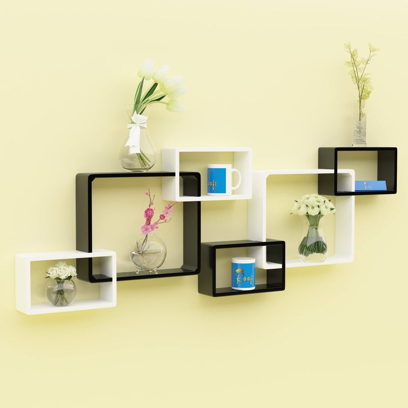 Raafi Wooden Intersecting Wall Shelves (Set of 6) (White & Black) - Image 5