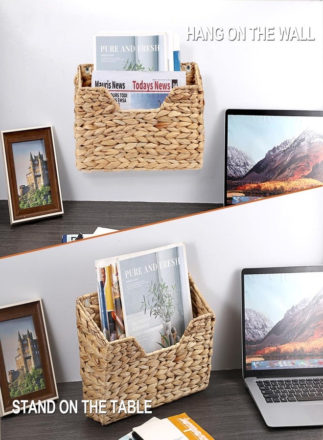 BTSKY Woven Hanging Magazine Holder, Water Hyacinth Magazine Basket, Wall Mounted Storage Basket for Books & Files, Wall File Organizer Magazine Rack with Handle for Home & Office - 13.2x2.8x8.9 Inch - Image 4