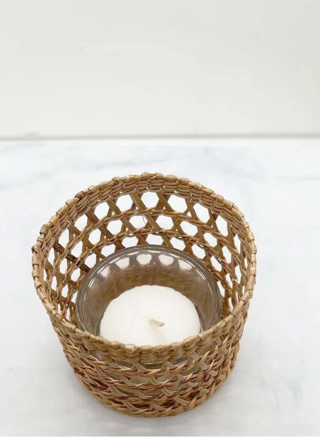 QIAOIDEA Natural Rattan Woven Tea Light Candle Holder, Decorative Rustic Vintage Seagrass Votive Candle Holders for Dining Table Kitchen Decor Serving Tray, Pack 2 - Image 5