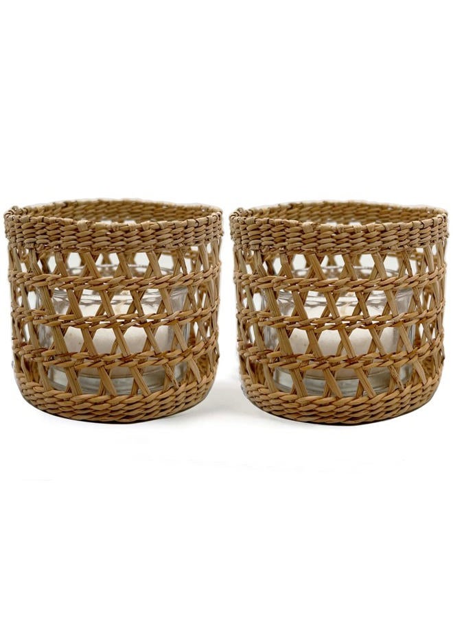 QIAOIDEA Natural Rattan Woven Tea Light Candle Holder, Decorative Rustic Vintage Seagrass Votive Candle Holders for Dining Table Kitchen Decor Serving Tray, Pack 2 - Image 1