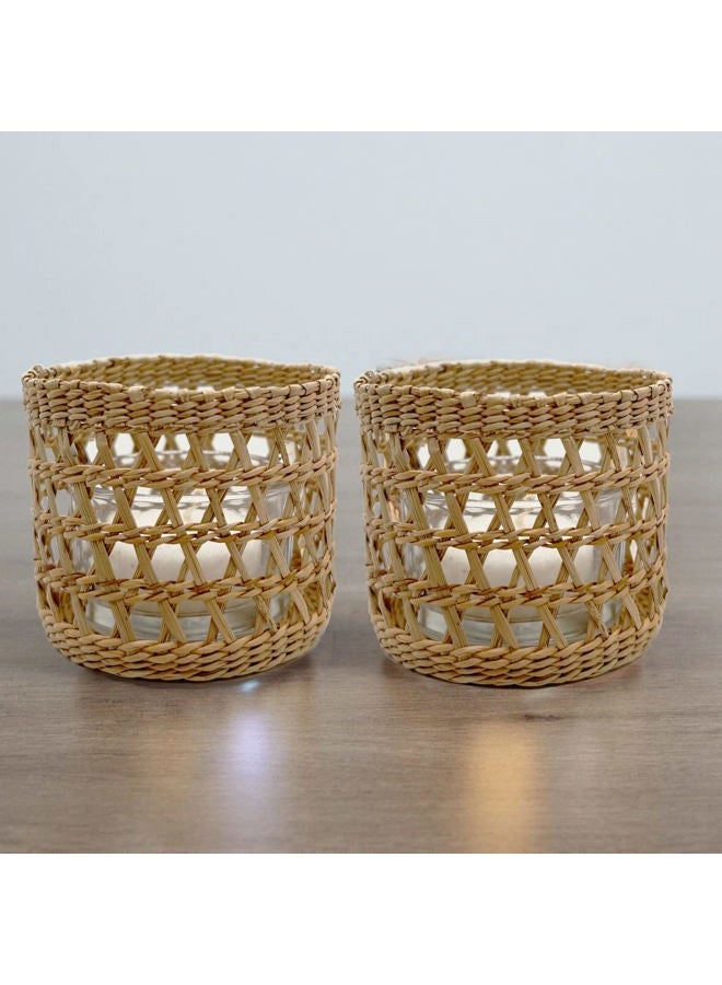 QIAOIDEA Natural Rattan Woven Tea Light Candle Holder, Decorative Rustic Vintage Seagrass Votive Candle Holders for Dining Table Kitchen Decor Serving Tray, Pack 2 - Image 2