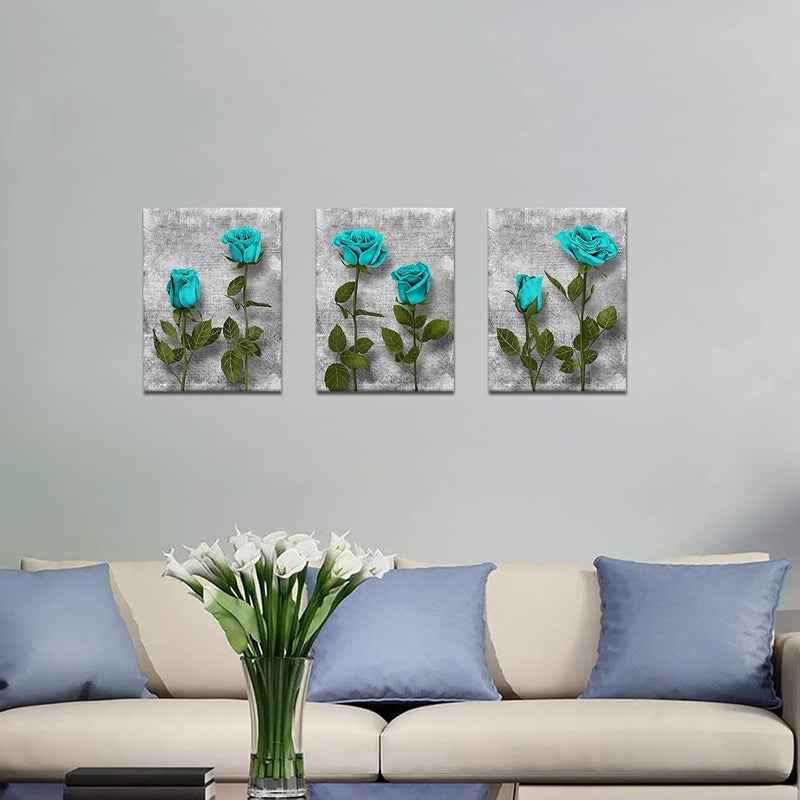 BPA Blue Bathroom Pictures - 3 Piece Turquoise Rose Canvas Art - Image 3