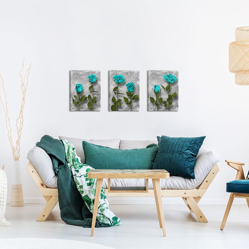 BPA Blue Bathroom Pictures - 3 Piece Turquoise Rose Canvas Art - Image 2