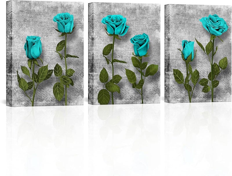 BPA Blue Bathroom Pictures - 3 Piece Turquoise Rose Canvas Art - Image 1
