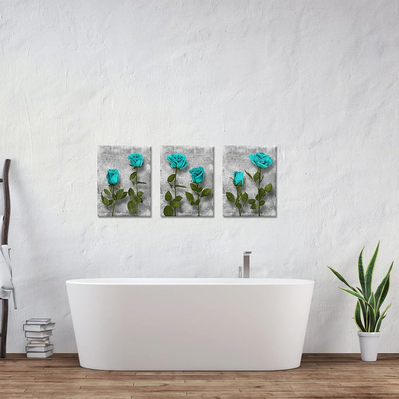 BPA Blue Bathroom Pictures - 3 Piece Turquoise Rose Canvas Art - Image 4