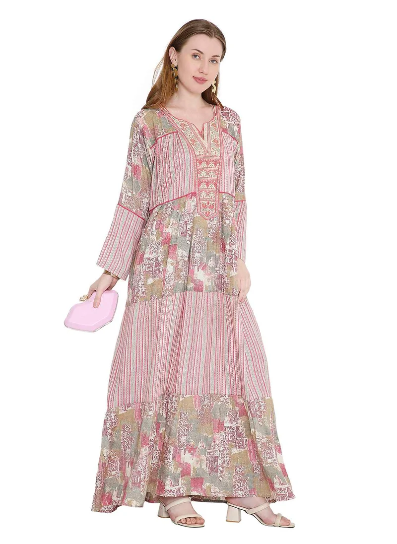 هانا آند سارا glamorous long viscose printed farasha with unique embroidered thread detailing arabic kaftan jalabiya dress