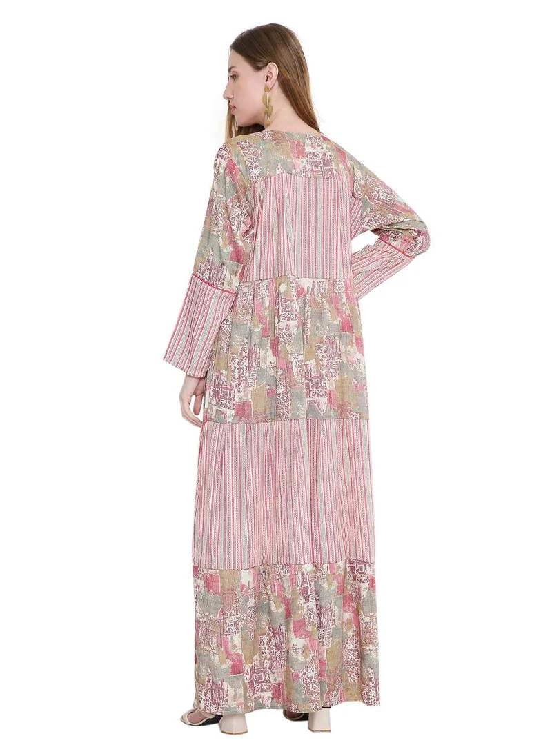 هانا آند سارا glamorous long viscose printed farasha with unique embroidered thread detailing arabic kaftan jalabiya dress