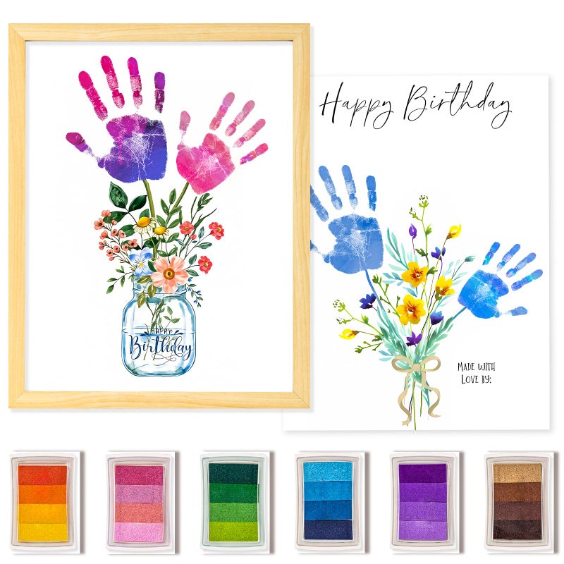CLUSIVC DIY Birthday Gifts for Grandma and Mom Flower Bouquet Handprint Craft Kit, Unique Gifts for Grandma Mom Mimi Nana, New Year Gift(12" x 16", 2 Art Papers, Wood Frame - Image 1