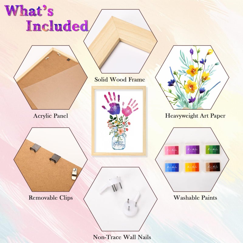 CLUSIVC DIY Birthday Gifts for Grandma and Mom Flower Bouquet Handprint Craft Kit, Unique Gifts for Grandma Mom Mimi Nana, New Year Gift(12" x 16", 2 Art Papers, Wood Frame - Image 3