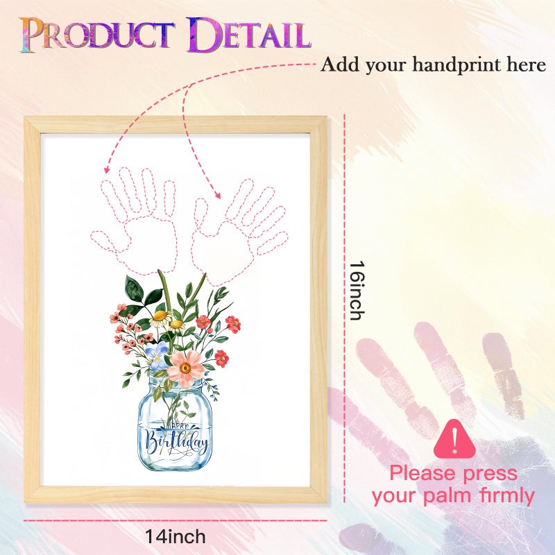 CLUSIVC DIY Birthday Gifts for Grandma and Mom Flower Bouquet Handprint Craft Kit, Unique Gifts for Grandma Mom Mimi Nana, New Year Gift(12" x 16", 2 Art Papers, Wood Frame - Image 2