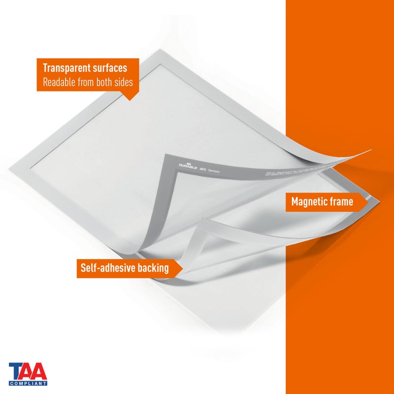 Durable Duraframe Self-Adhesive Sign Holder - Letter-Size 8.5" x 11" Inch - Silver Magnetic Frame - Pack of 2 - Image 2