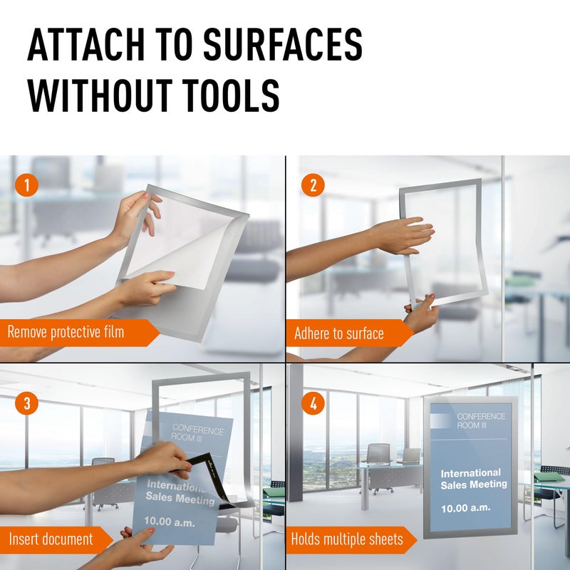 Durable Duraframe Self-Adhesive Sign Holder - Letter-Size 8.5" x 11" Inch - Silver Magnetic Frame - Pack of 2 - Image 5