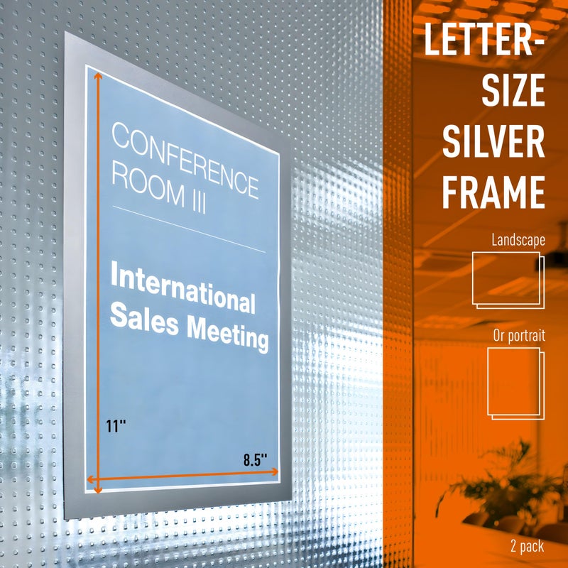 Durable Duraframe Self-Adhesive Sign Holder - Letter-Size 8.5" x 11" Inch - Silver Magnetic Frame - Pack of 2 - Image 3