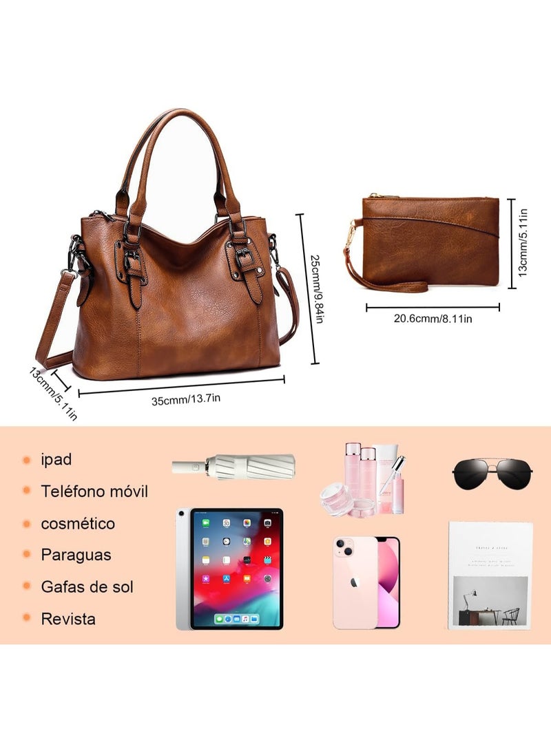 ZERIFAM Handbag Purse Set - 2-Piece, PU Leather Large Tote and Crossbody Shoulder Satchel Bag for Women, Stylish Crossbody Suitable for Trips (Brown) - Image 2