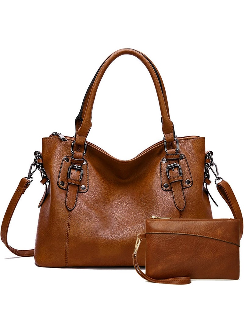 ZERIFAM Handbag Purse Set - 2-Piece, PU Leather Large Tote and Crossbody Shoulder Satchel Bag for Women, Stylish Crossbody Suitable for Trips (Brown) - Image 1