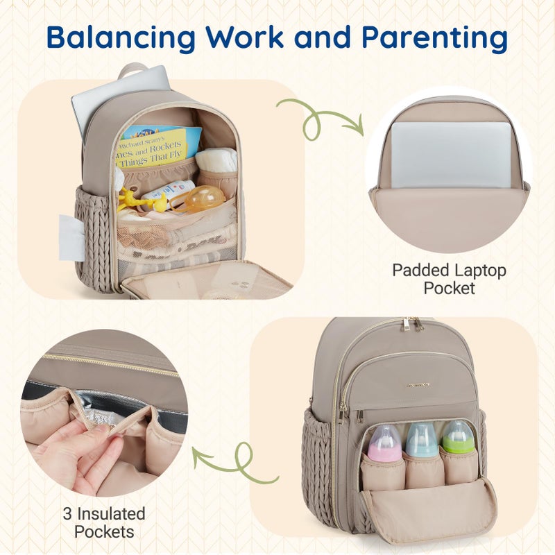 MOMMORE حقيبة ظهر حفاضات مومور كبيرة مع جيوب معزولة، حافظة لابتوب، مشابك لعربة الأطفال، حقيبة سفر حفاضات مبطنة مع حزام للحقائب - Image 2