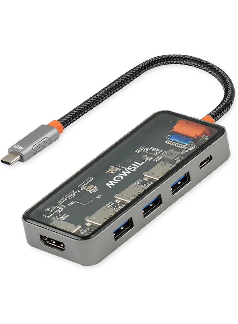 MOWSIL MOWSIL USB-C Hub 5-in-1, 4K@60Hz HDMI, USB 3.0, USB 2.0, USB-C Data, 100W PD Charging, Aluminum Alloy, Braided Cable, LED Indicator, for MacBook Pro/Air, iPad Pro, XPS, Laptops  - Image 1