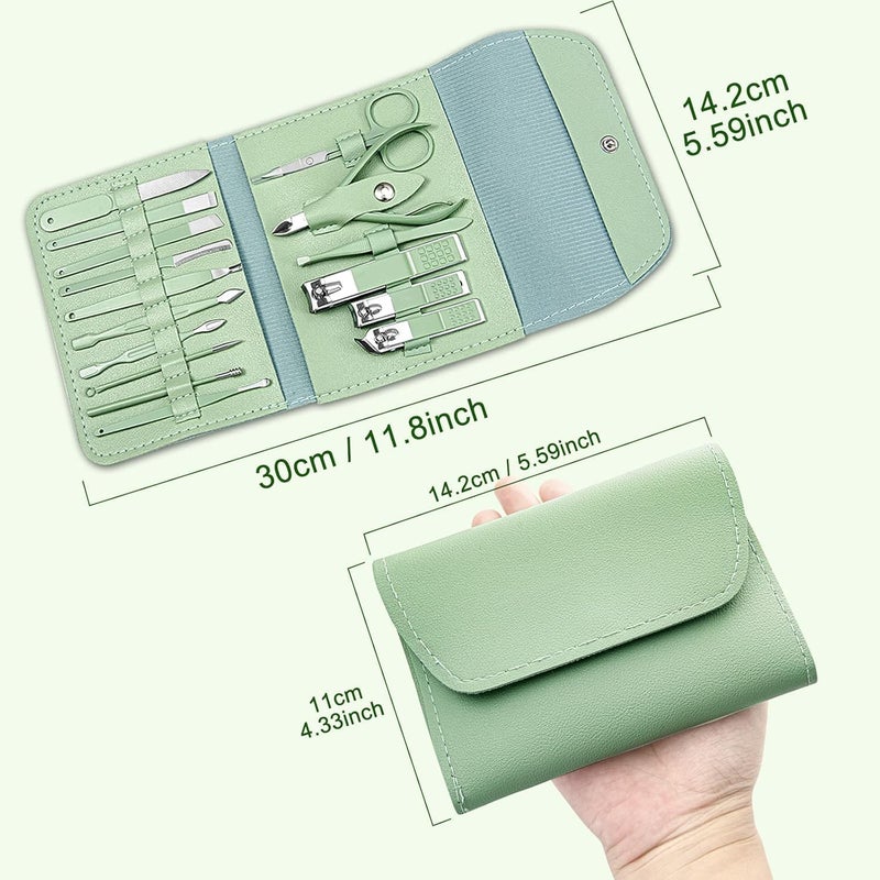 OffyBird 16 in 1 Professional Manicure Pedicure Kit Stainless Steel Nail Clippers Set for Men Women Complete Grooming Tool Set for Hands Feet Face with Travel Case Green - Image 5
