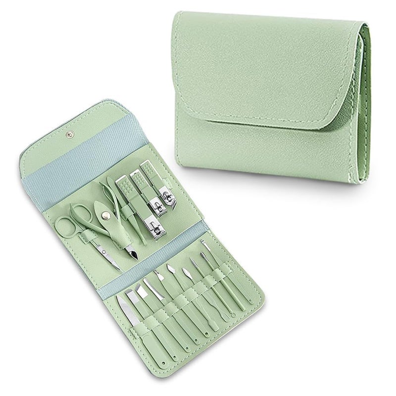 OffyBird 16 in 1 Professional Manicure Pedicure Kit Stainless Steel Nail Clippers Set for Men Women Complete Grooming Tool Set for Hands Feet Face with Travel Case Green - Image 1