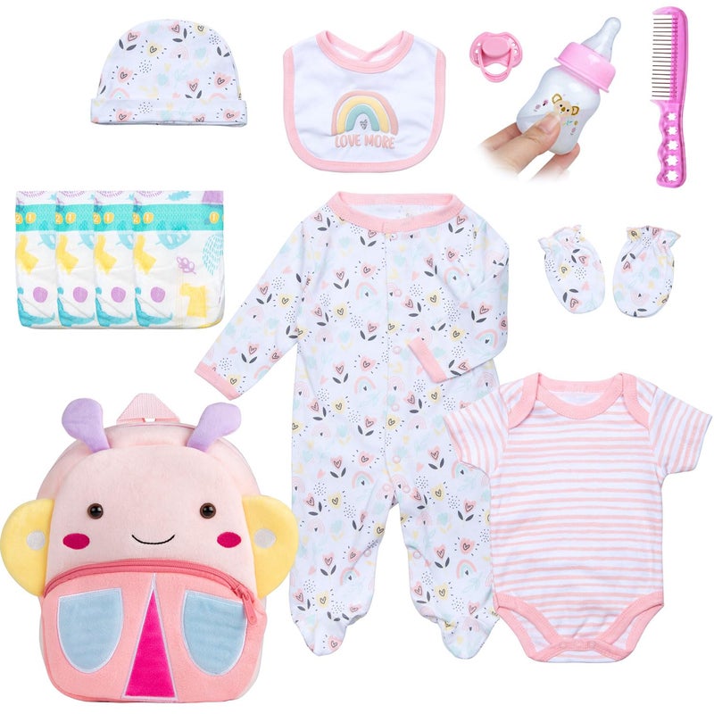 Pedolltree 13 Pcs Reborn Baby Dolls Clothes Girl Rainbow and Flowers Outfit Accessories for 1722 Inch Newborn Baby Doll Girl with Pink Butterfly Backpack - Image 3