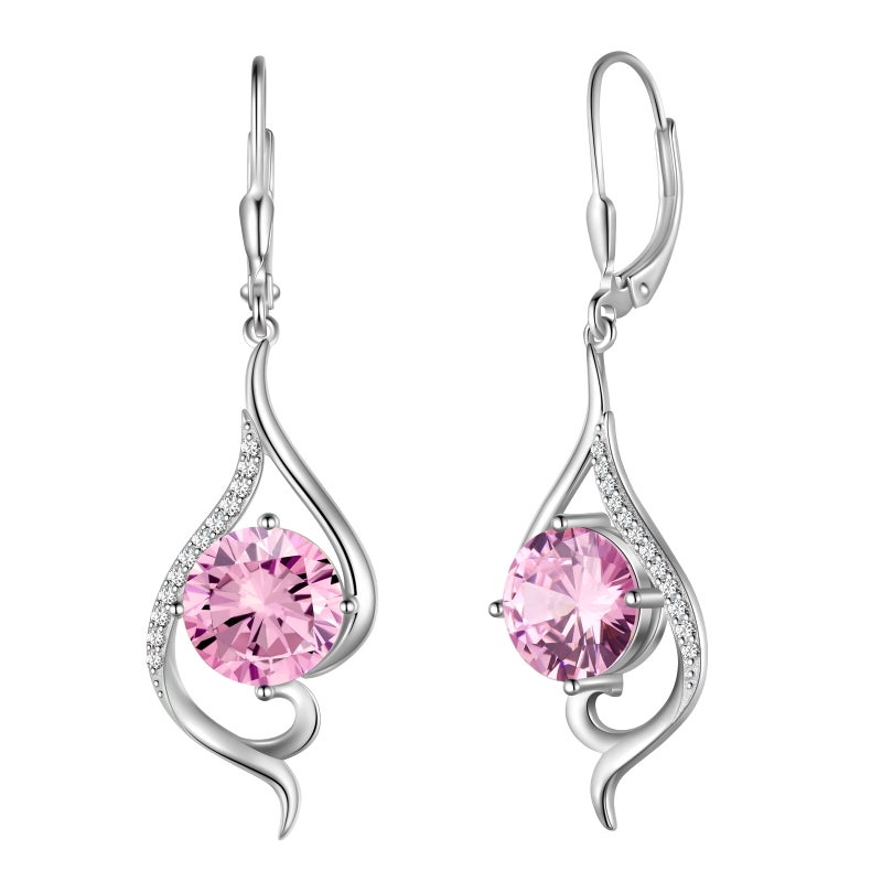 Juwaliy Women Dangle Earrings Pink October Birthstone Tourmaline Earrings 925 Sterling Silver Leverback Tail Jewelry Mother Christmas Birthday Valentines Day Gift for Her - Image 1