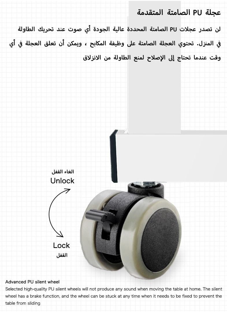 AnneFish - 80*40cm Study Desk MDF Engineering Board Bedside Mobile Desk Height Adjustable Table With Wheels With 2 Layer Shelves - Image 1