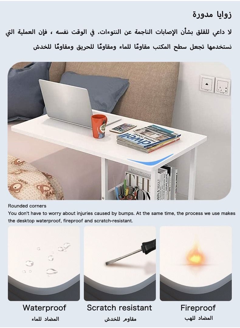 AnneFish - 80*40cm Study Desk MDF Engineering Board Bedside Mobile Desk Height Adjustable Table With Wheels With 2 Layer Shelves - Image 1