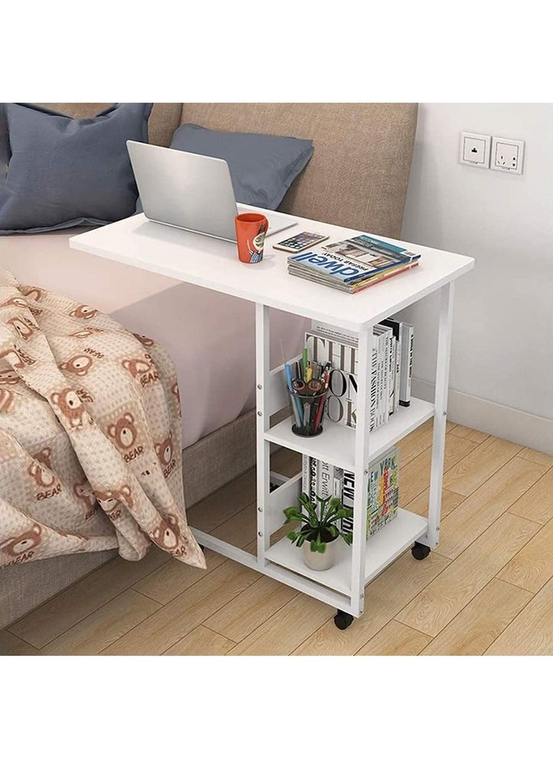 AnneFish - 80*40cm Study Desk MDF Engineering Board Bedside Mobile Desk Height Adjustable Table With Wheels With 2 Layer Shelves - Image 1
