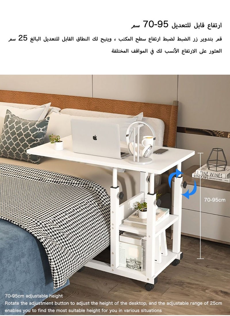 AnneFish - 80*40cm Study Desk MDF Engineering Board Bedside Mobile Desk Height Adjustable Table With Wheels With 2 Layer Shelves - Image 1
