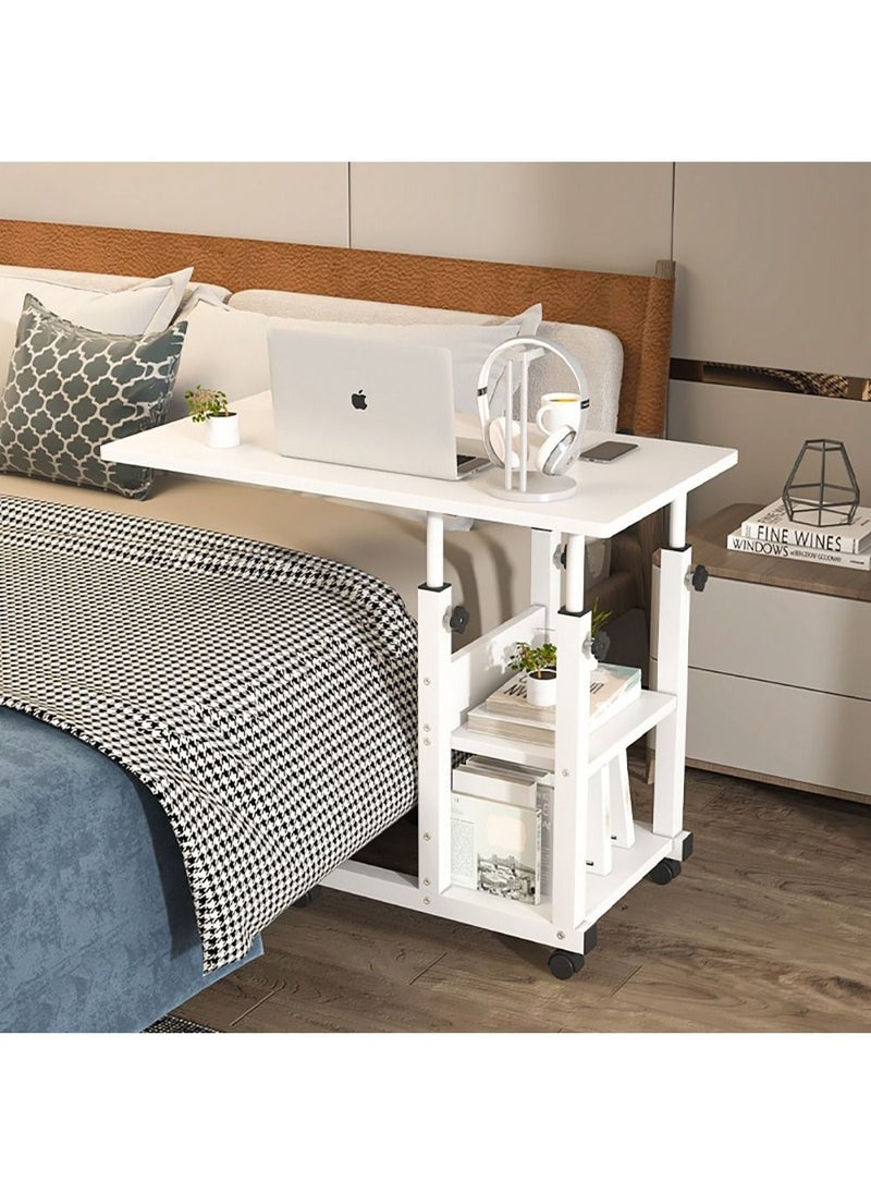 AnneFish - 80*40cm Study Desk MDF Engineering Board Bedside Mobile Desk Height Adjustable Table With Wheels With 2 Layer Shelves - Image 1