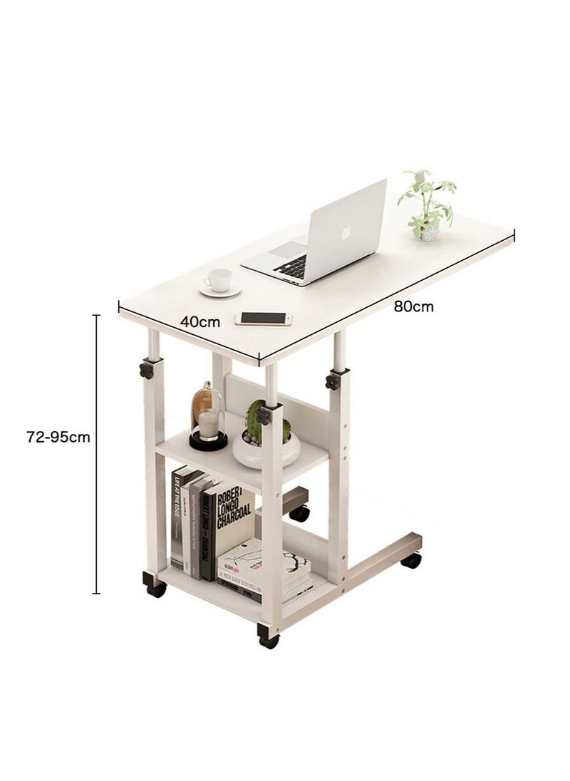 AnneFish - 80*40cm Study Desk MDF Engineering Board Bedside Mobile Desk Height Adjustable Table With Wheels With 2 Layer Shelves - Image 1