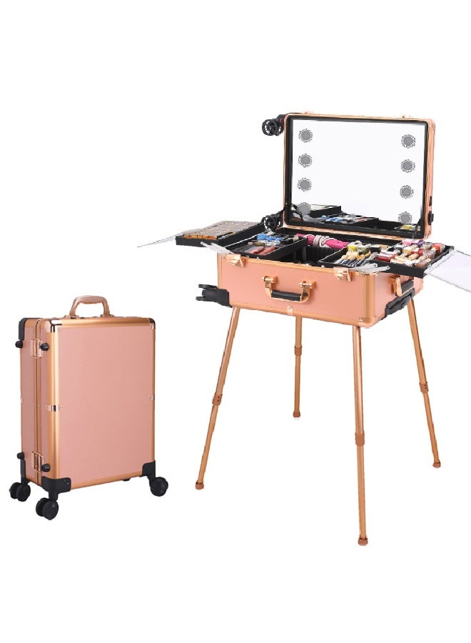 حقيبة مكياج احترافية، منظم مستحضرات تجميل سفر كبير السعة مع حامل وعجلات، حقيبة تجميل متحركة مع مرآة وإضاءة LED لفناني الشعر والتجميل والمكياج (وردي، 21 بوصة) - Image 1