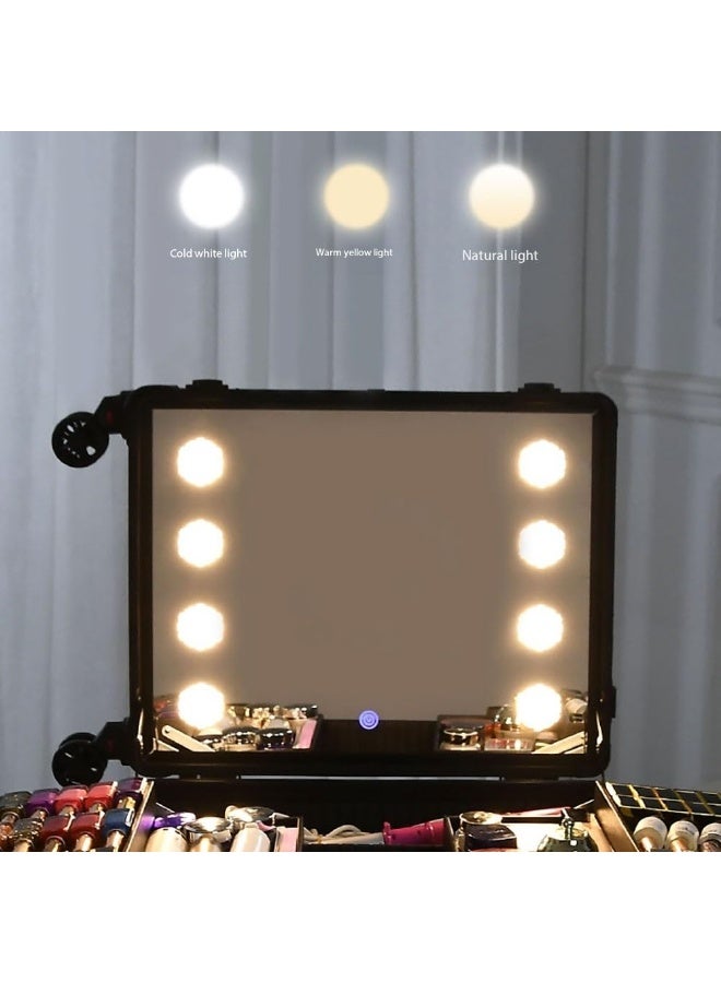 حقيبة مكياج احترافية، منظم مستحضرات تجميل سفر كبير السعة مع حامل وعجلات، حقيبة تجميل متحركة مع مرآة وإضاءة LED لفناني الشعر والتجميل والمكياج (وردي، 21 بوصة) - Image 5