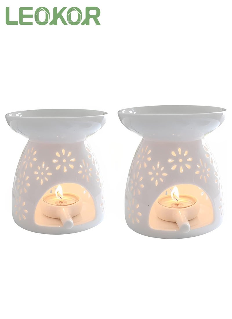 LEOKOR 2 Pack Ceramic Tealight Candle Holder, Home Decoration Essential Oil Aromatherapy Stove, Wax Melt Essential Oil Burner with Candle Spoon White  - Image 1