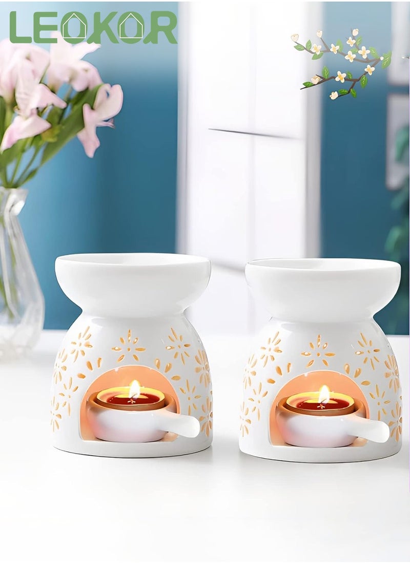 LEOKOR 2 Pack Ceramic Tealight Candle Holder, Home Decoration Essential Oil Aromatherapy Stove, Wax Melt Essential Oil Burner with Candle Spoon White  - Image 2