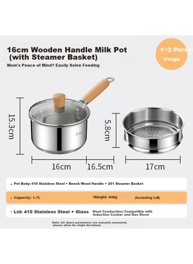Bayco 16cm Stainless Steel Milk Pot With Steamer, Baby Food Cooking Pot, Noodle Pot, Compatible With Gas And Induction Cookers Bg8745 - Image 1