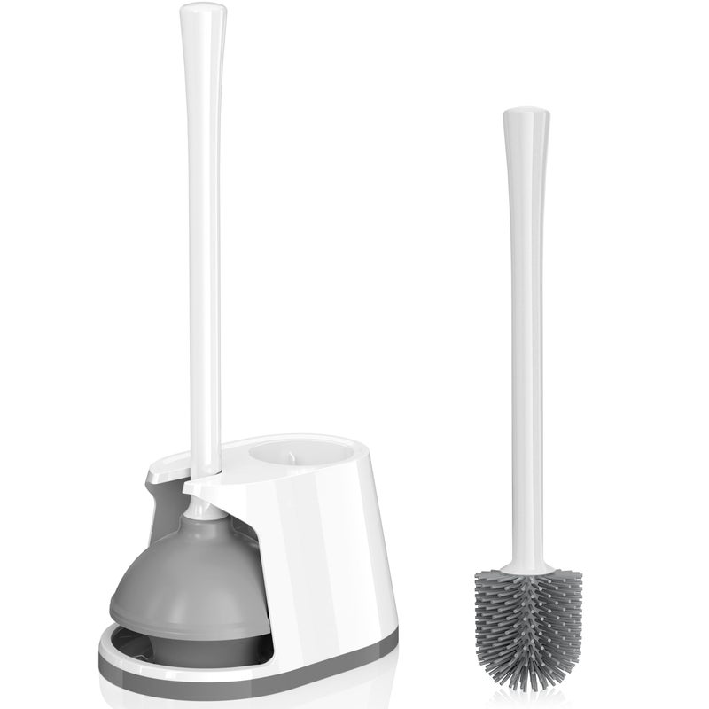 TRENTI Toilet Plunger and Brush Set Silicone Bowl Brush and Heavy Duty Toilet Plunger with Ventilated Holder 2in1 Toilet Brush and Plunger Combo for 53inch Toilet Drain Bathroom Deeply Cleaning