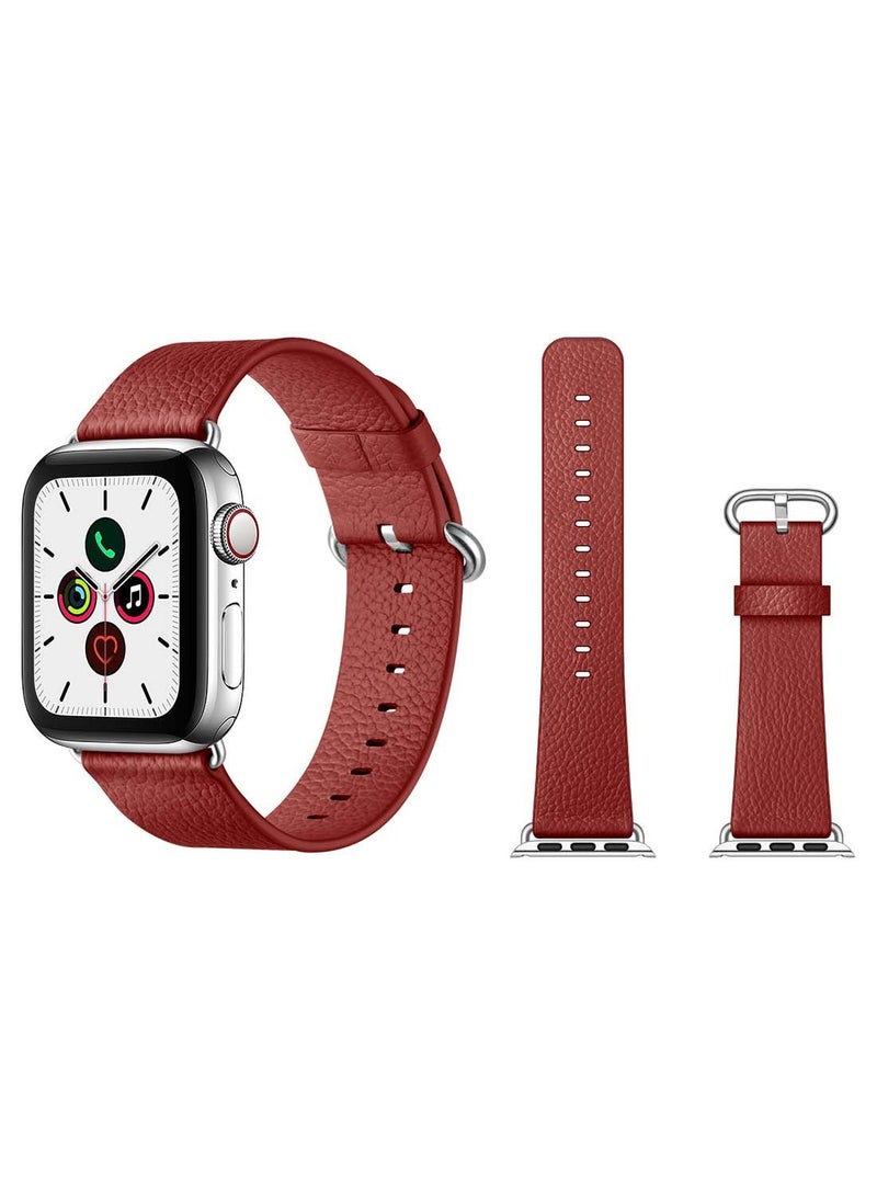 NIBEMINENT Genuine Leather Replacement Band For Apple Watch Series 5/4/3/2/1 40/38mm Litchi Wine Red - Image 1