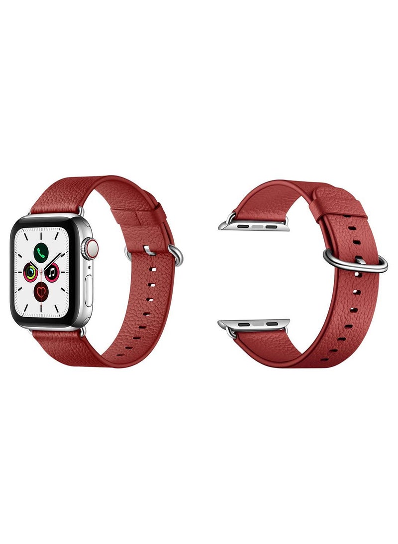 NIBEMINENT Genuine Leather Replacement Band For Apple Watch Series 5/4/3/2/1 40/38mm Litchi Wine Red - Image 2