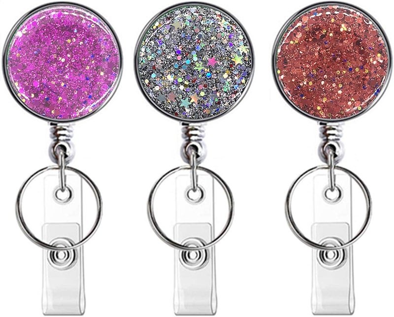 Boutilon Retractable Badge Holder, Retractable Badge Reels,Lightweight Plastic Badge Reel Card Holder with Key Ring Backing Belt Clip for Nurse,Volunteer,Teacher,Student(Pretty Sliver Red Purple) - Image 1