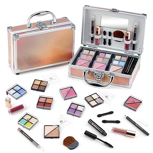Color Nymph Beginner Makeup Kits For Teens With Train Case Included Full Makeup Kit Eyeshadow Palette Blushes Bronzer Highlighter Lipstick Brushes MirrorGold