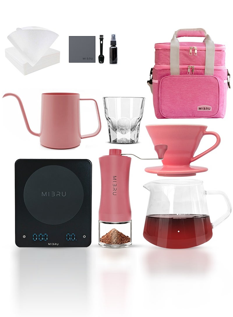 MIBRU V60 Pour Over Premium Drip Coffee Maker Kit, 11-piece Drip Coffee Maker with Coffee Bag Pink, Specialty Coffee Bag (Pink), Coffee Bean Grinder, Coffee Bean Spray Bottle, Coffee Spoon, 01 Paper Coffee Filter, 01 Coffee Dripper, 350ml Mini Coffee Sharing Pot, Slim Neck Manual Coffee Pot, Restrictor Spout for Drip Coffee Pot, Professional Coffee Scale, Coffee Towel, Cortado Cup, Specialty Coffee Kit, Specialty Coffee Tools, Coffee Machine, Coffee Cup, Coffee Cleaning Kit, Pour-Over Coffee Maker Accessories  - Image 1