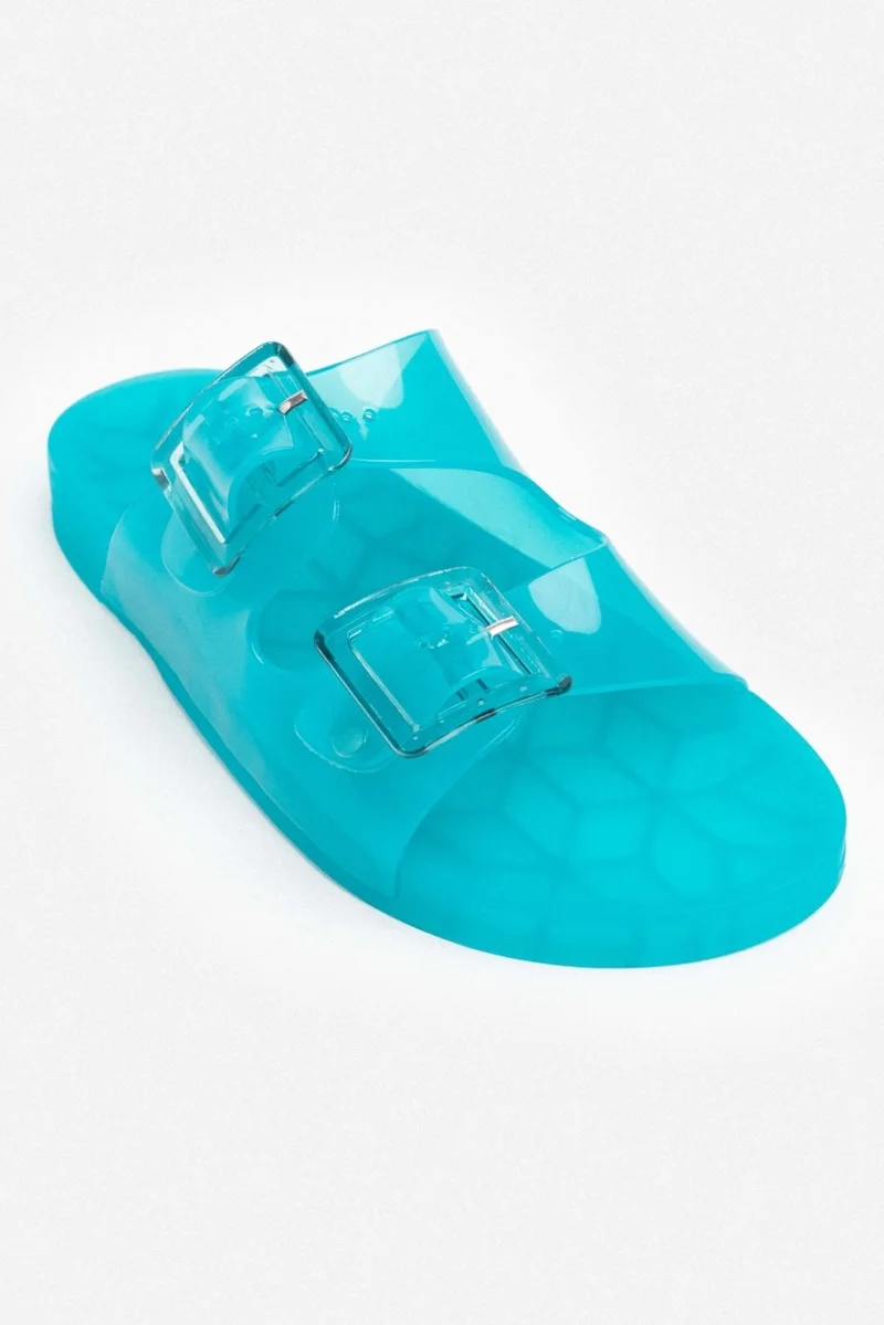 نيشانتاشي شوز Marlowe Transparent Turquoise Double Buckle Detail Flat Sole Women's Slippers