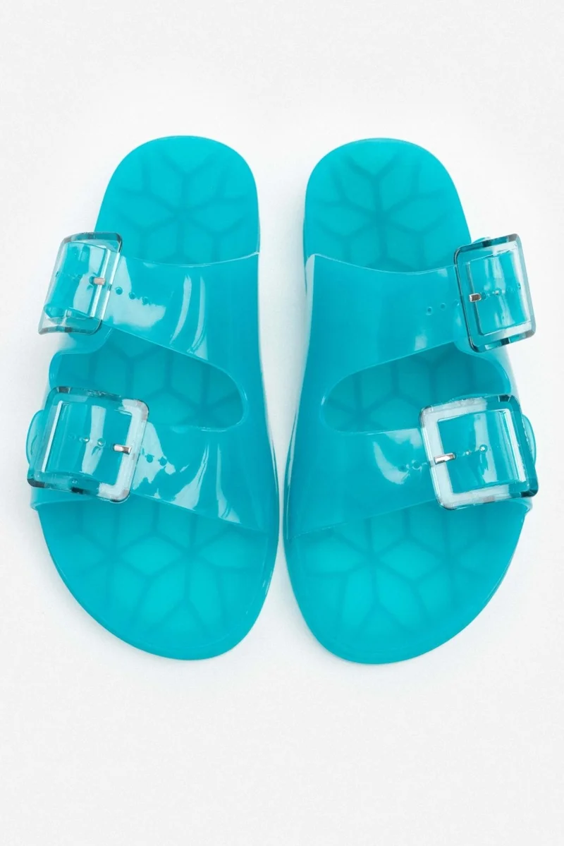 نيشانتاشي شوز Marlowe Transparent Turquoise Double Buckle Detail Flat Sole Women's Slippers