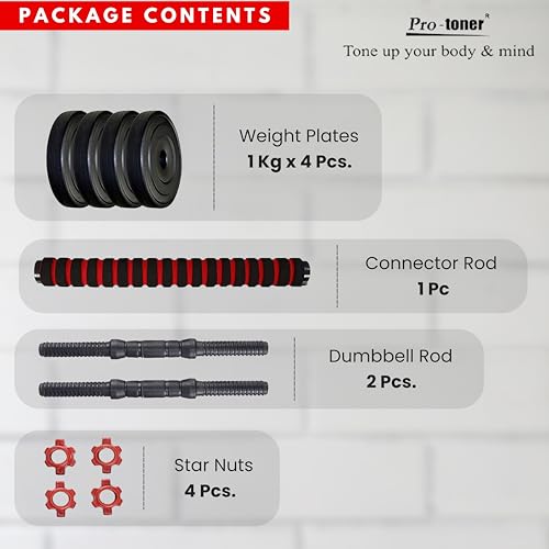 Protoner PVC 3 in 1 convertible DM 4-40 Kg Dumbbells Set and Fitness Kit for Men and Women Whole Body Workout (4 Kg (1 Kg x 4), 3 in 1 convertible), Black And Red - Image 3